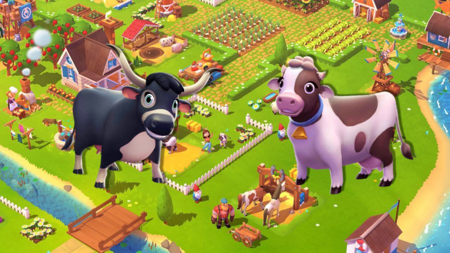 FarmVille 3 animals; two cows over a FarmVille background