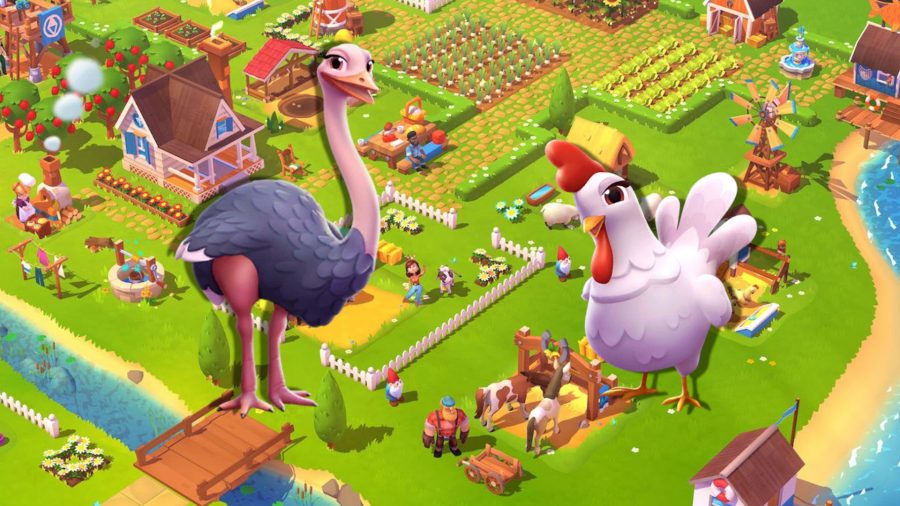 FarmVille 3 animals - two egg birds over a FarmVille background