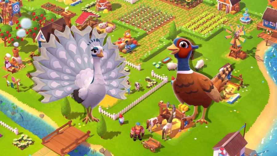 FarmVille 3 animals - two feather birds over a FarmVille background