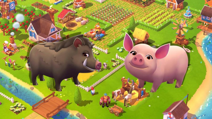 FarmVille 3 animals - two pigs over a FarmVille background