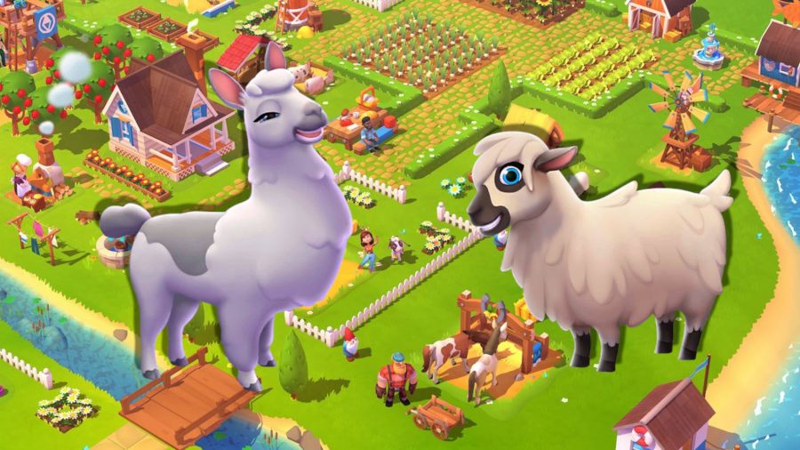 FarmVille 3 animals - a sheep and an alpaca over a FarmVille background