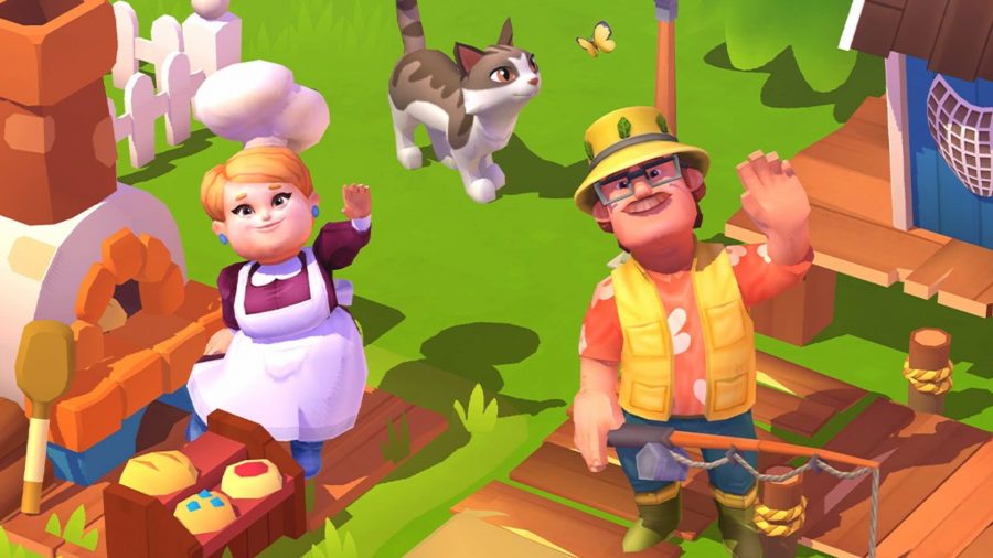 FarmVille 3 codes; a chef and a fisherman waving on a farm, with a cat behind them
