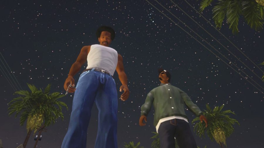 Grand Theft Auto: The Trilogy - The Definitive Edition Switch review; Two characters looking down into the camera with the night sky behind them
