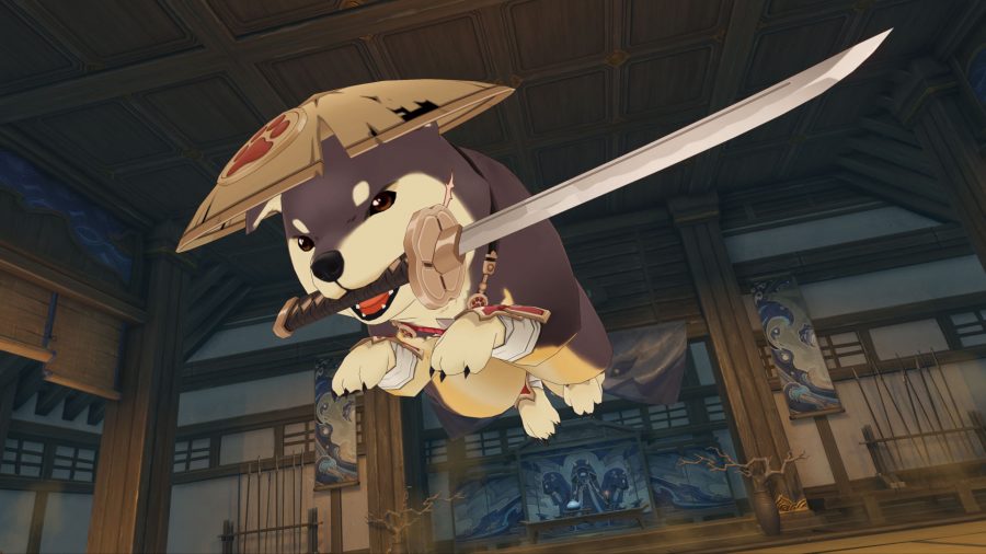 Genshin Impact events; Bantan Sango case files, a warrior dog wearing a hat and holding a sword in its mouth