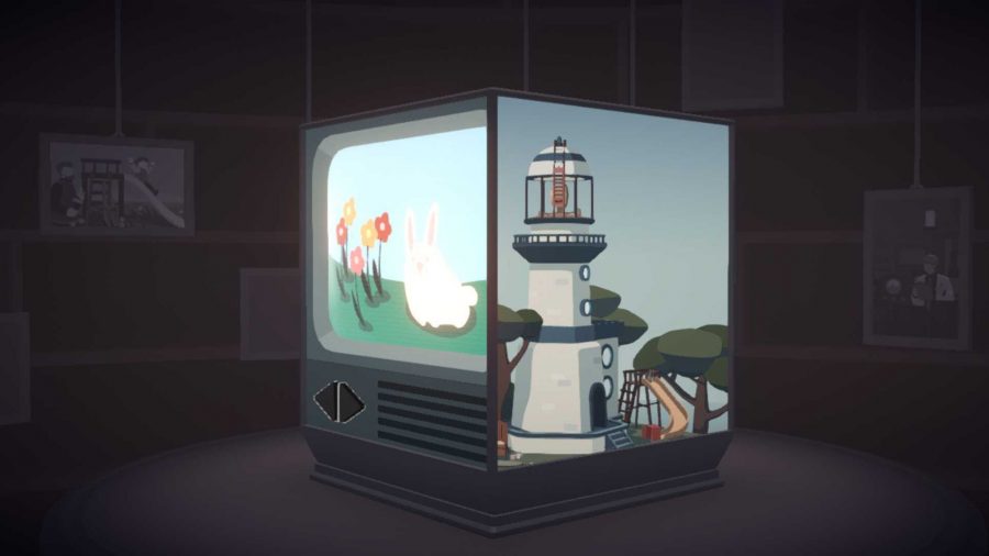 Moncage review; gameplay screenshot showing a tv on one side of the cube, and a lighthouse on the other