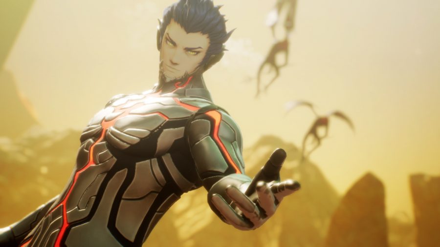 A demon with spiky hair and a metallic body suit holds out their hand 