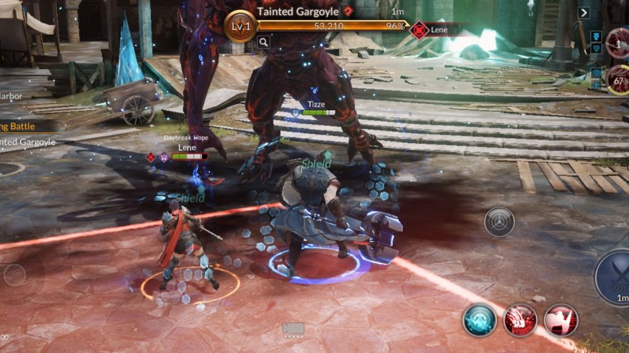 Seven Knights 2 preview; screenshot of battle gameplay, showing the team shielding from a Tainted Gargoyle