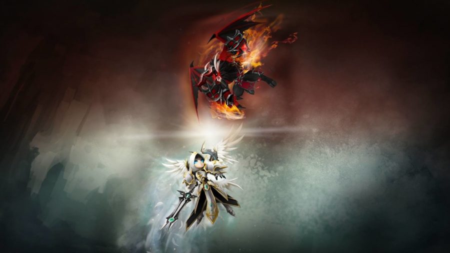 Summoners War Interview; and angel and a demon clashing on a red and grey background