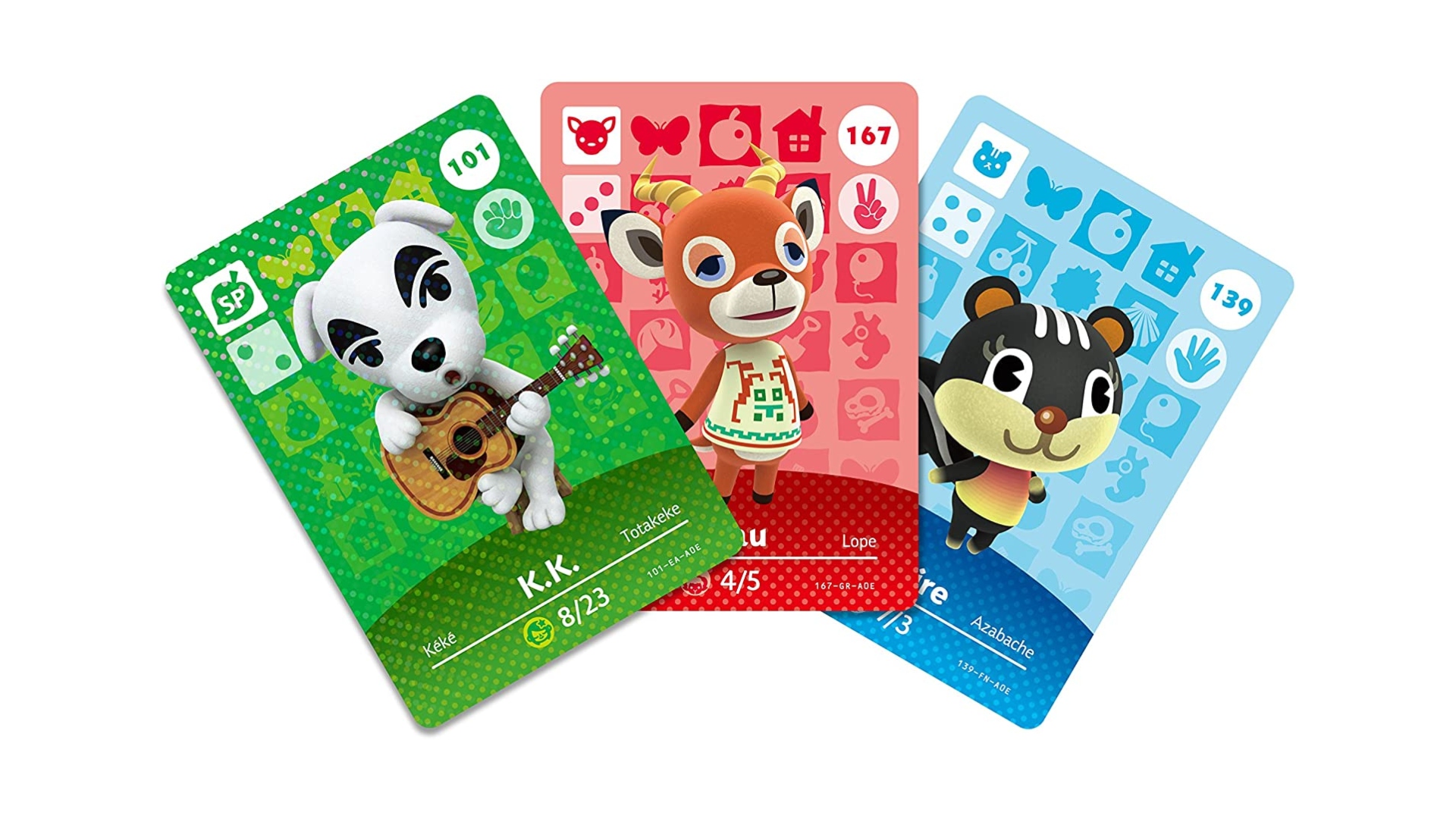 Animal Crossing amiibo cards, showing three of them, including KK, Beau, and Blaire.