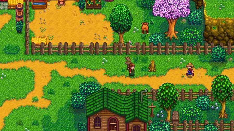 A pixelated scene shows a character wandering through a village 