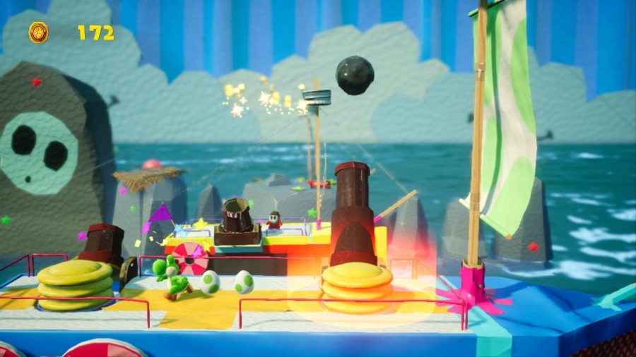 A crafted version of Yoshi appears on a pirate ship 
