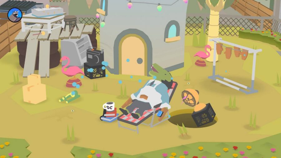 A character is sleeping in a deck chair while a hole appears in the ground 
