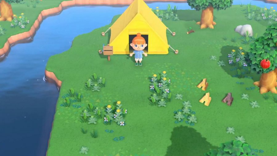A serene island is shown with a villager emerging out of a tent 
