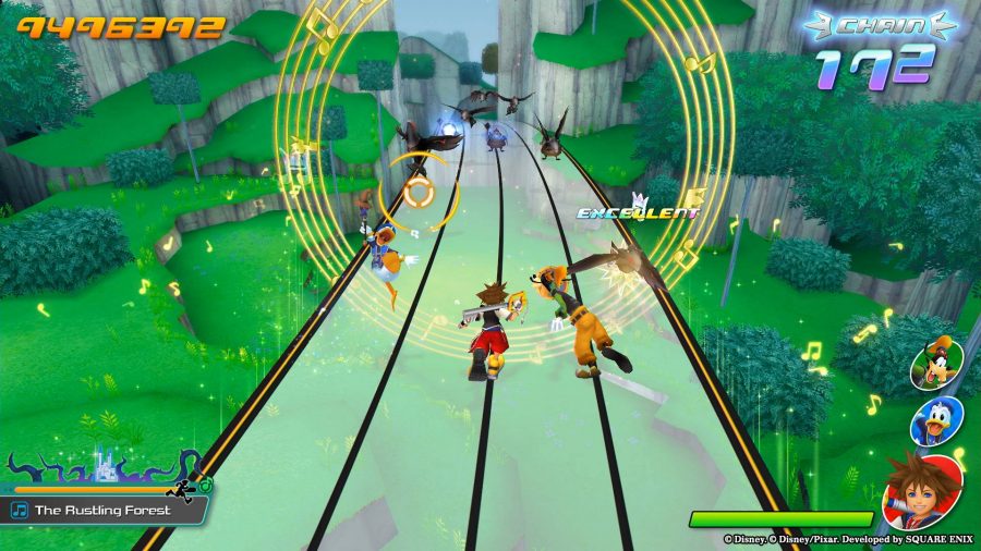 Kingdom Hearts characters travel along a path to the beat and jump for joy 