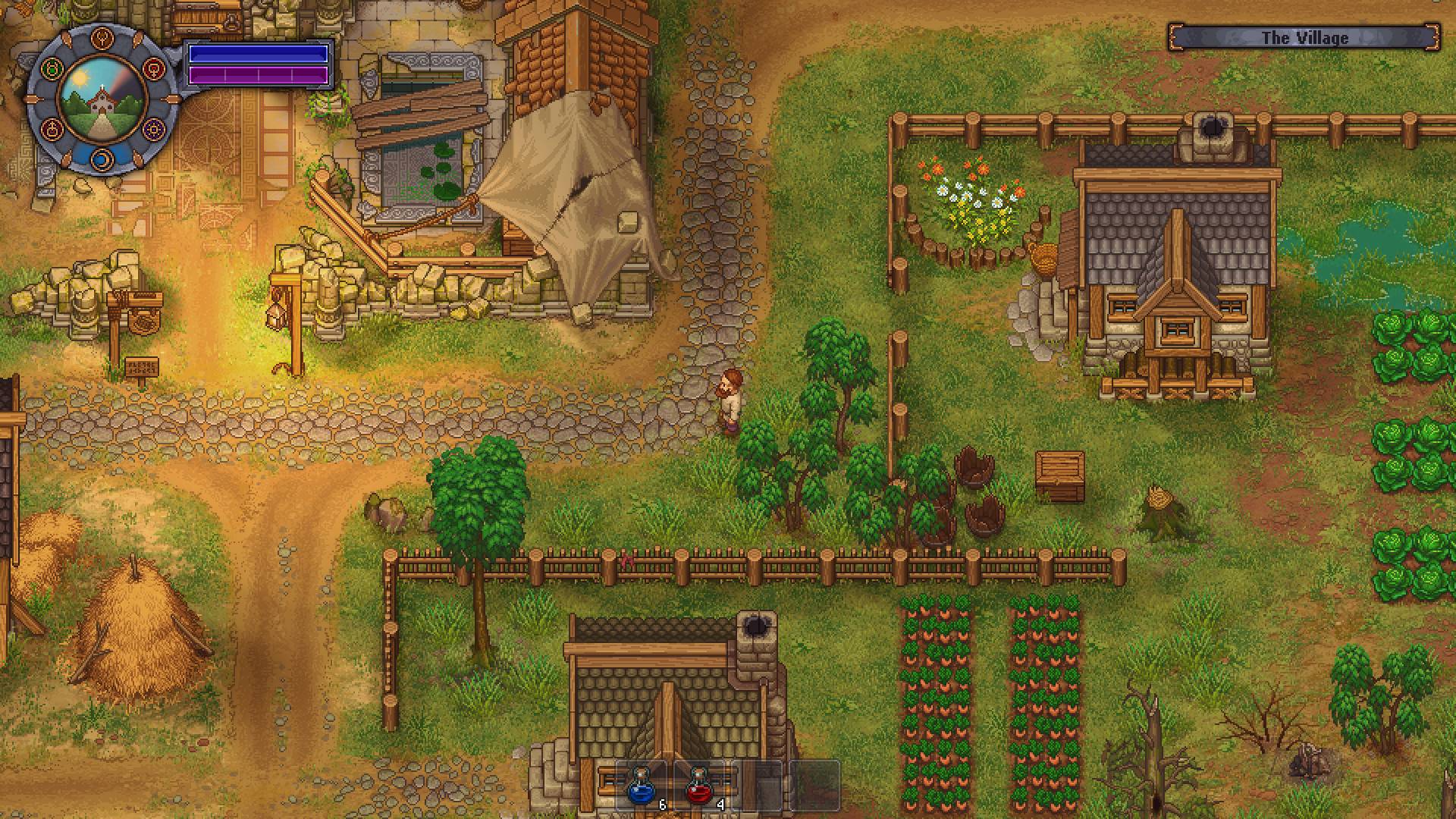 A pixelated scene shows a farmer tending to a large graveyard