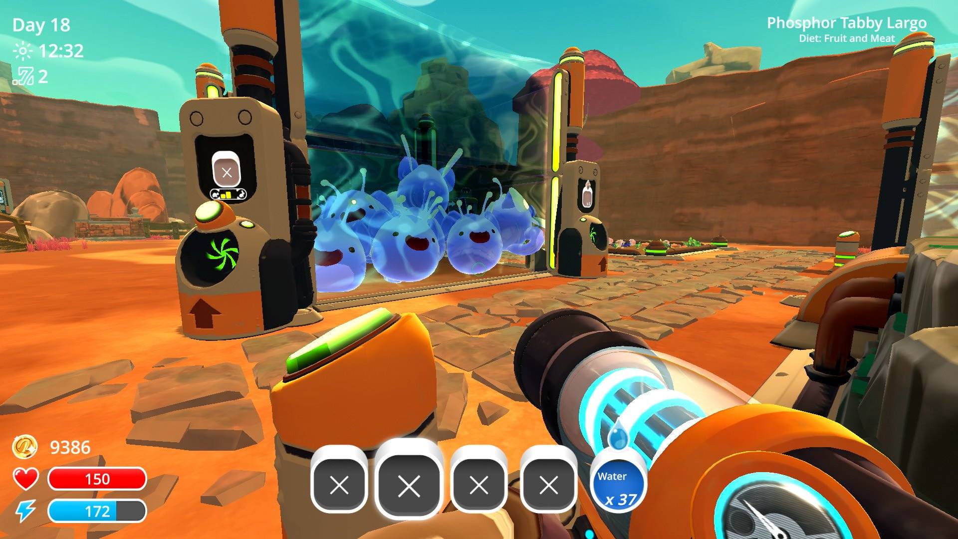 a first-person perspective shows a person with a vacuum gun looking at a large enclosure filled with blue slimes