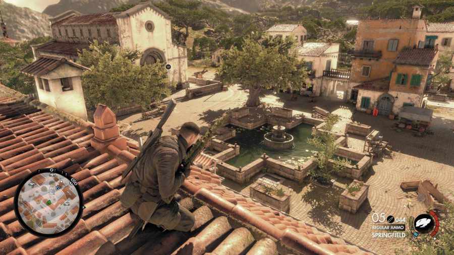 A sniper crouches on a rooftop 