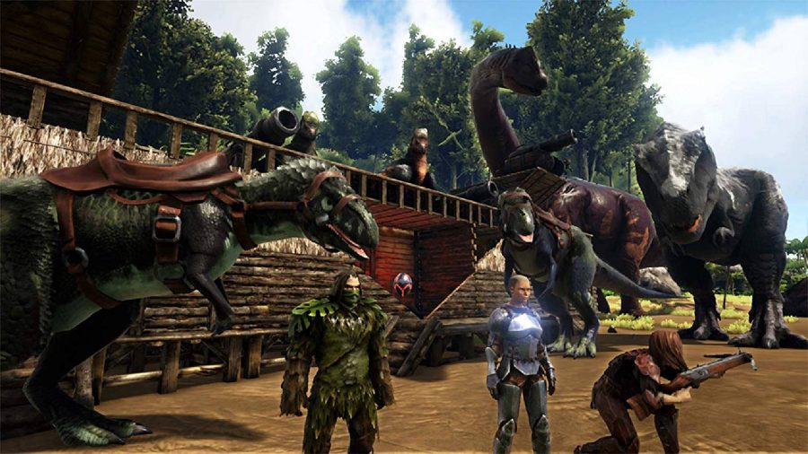 A series of characters stand outside in front of several dinosaurs 