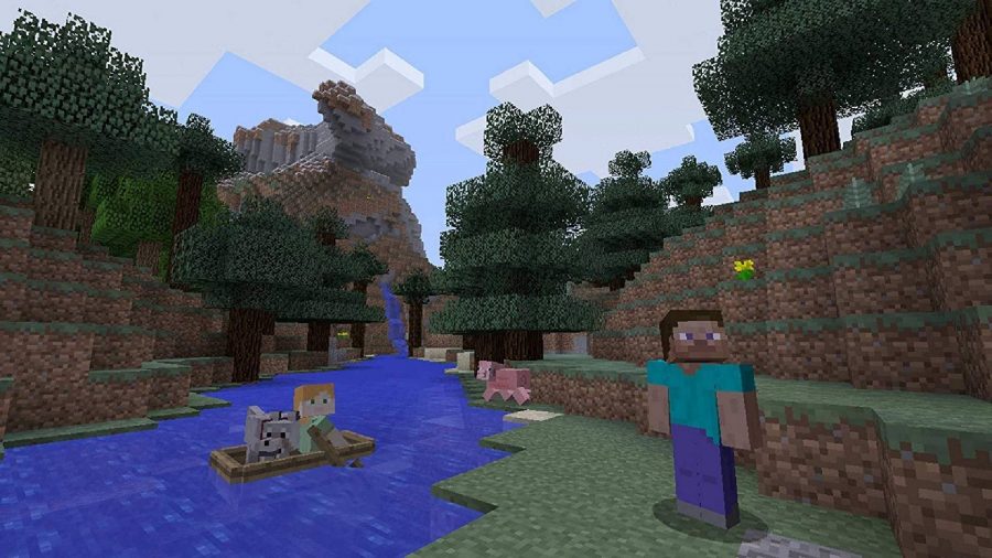 A minecraft world is shown with Steve and Alex visible exploring the wilderness