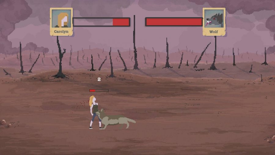 A pixelated scene shows a woman fighting a wolf in a wasteland 