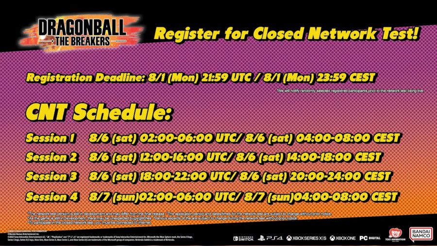 Times and dates for the Dragon Ball The Breakers closed network test in early august