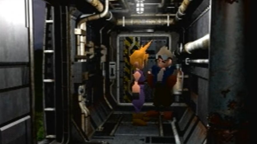 Cid and Cloud talking in a hallway