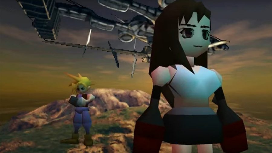 Tifa stood on a cliff with Cloud sulking in the background