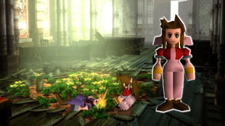 Cloud and Aerith in a church full of flowers