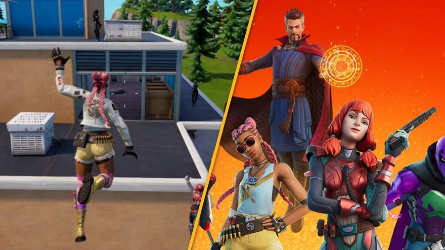 A screenshot shows a fortnite character running and jumping next to an image of several fortnite characters, including Doctor Strange