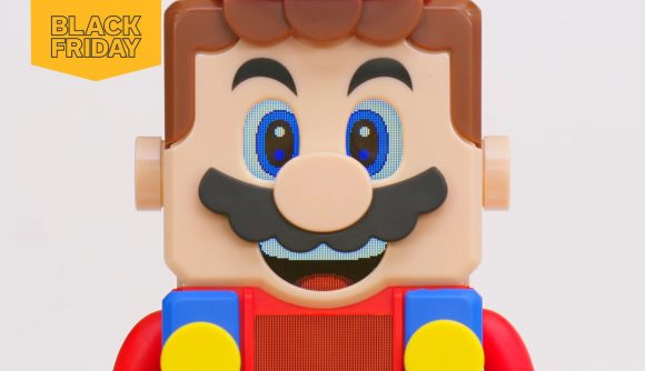 A picture of LEGO Mario with a Black Friday flag to the top left of the image.