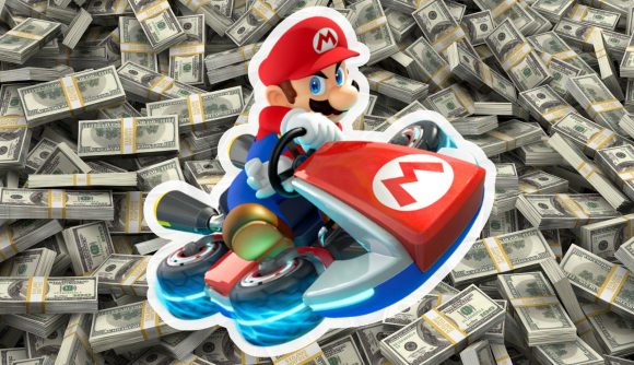 Mario rides in a kart, with a huge pile of money in the background