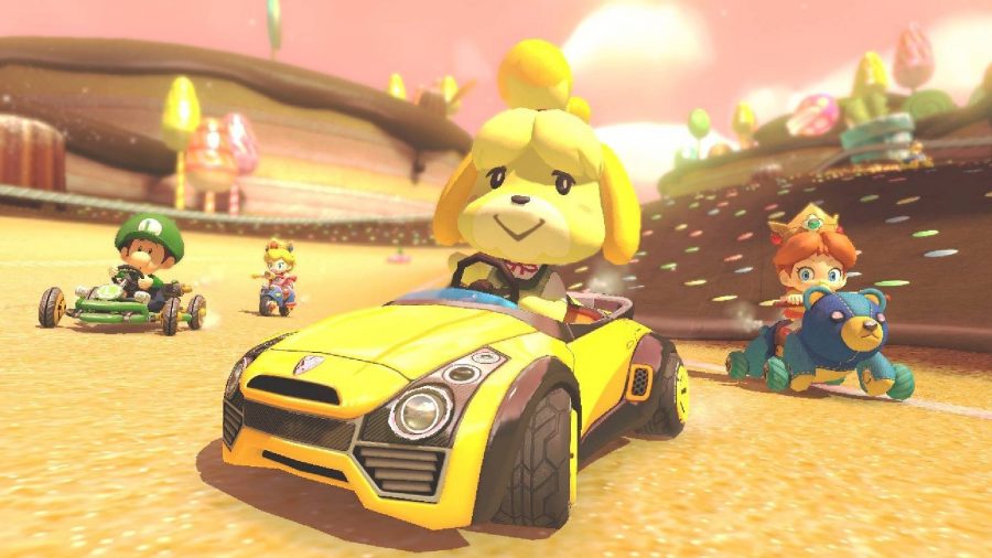 Isabelle from Animal Crossing is riding a little car in Mario Kart