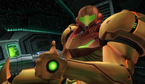 Samus Aran from Metroid Prime sits in her gunship, giving a thumbs up