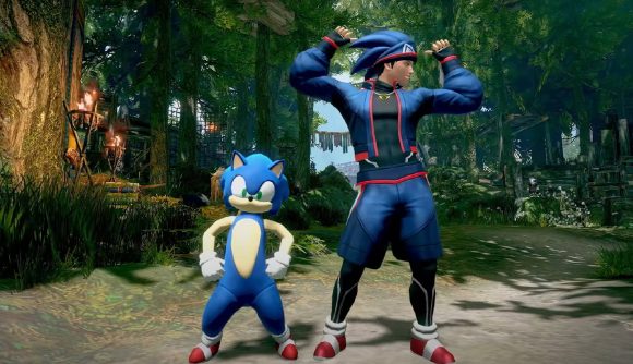 A hunter and a palico from Mon ster Hunter Rise are visisble,m dressed up as Sonic the Hedgehog