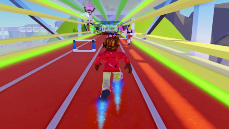 An avatar running down a track
