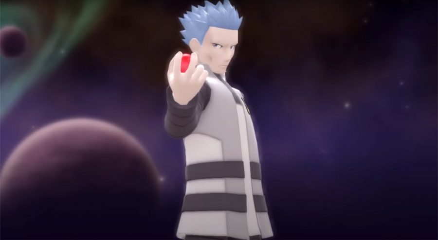 A man with spikey hair holding a pokeball in space