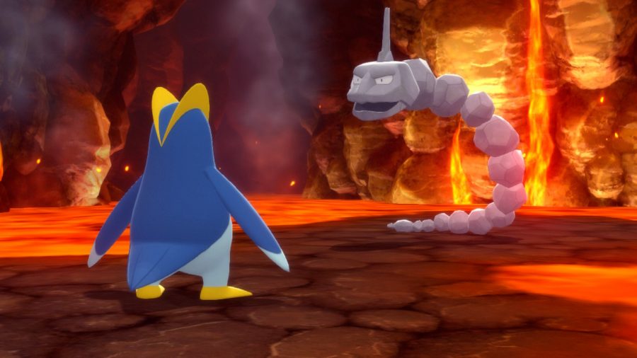 Onix and Prinplup fighting near lava
