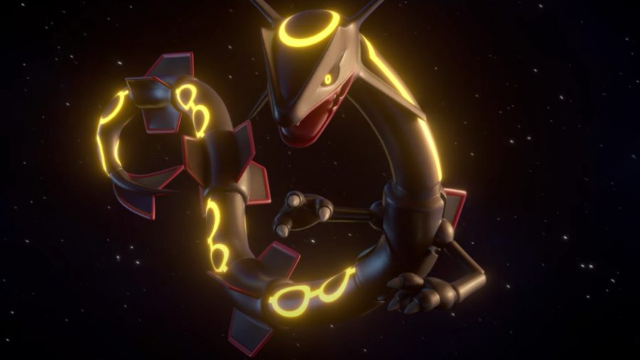 A shiny Rayquaza surrounded by darkness