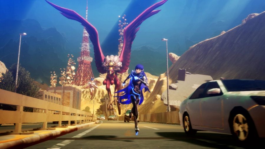The protagonist runs forward, away from a vulture-like winged demon enemy
