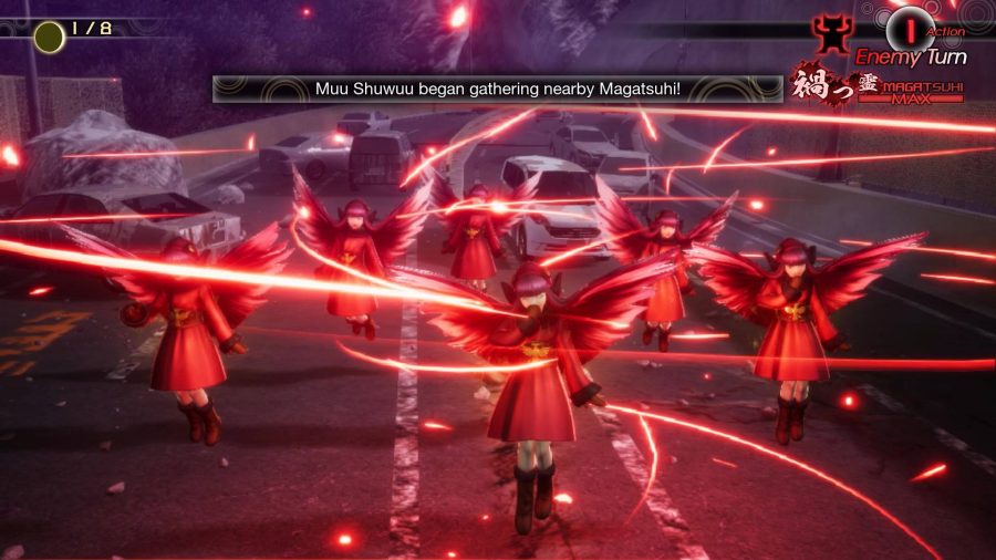 A swarm of winged enemies gather red energy to prepare for a huge attack