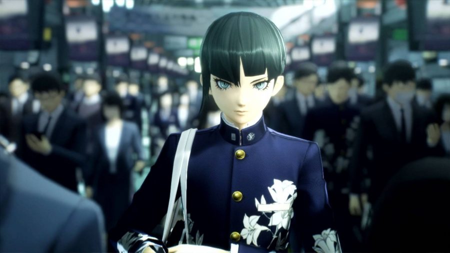 A character in school uniform wanders through a busy train station, looking directly forward