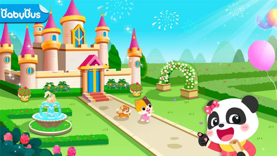 Little Panda Castle promotional image showing a waving panda and a cat and a dog in front of a castle