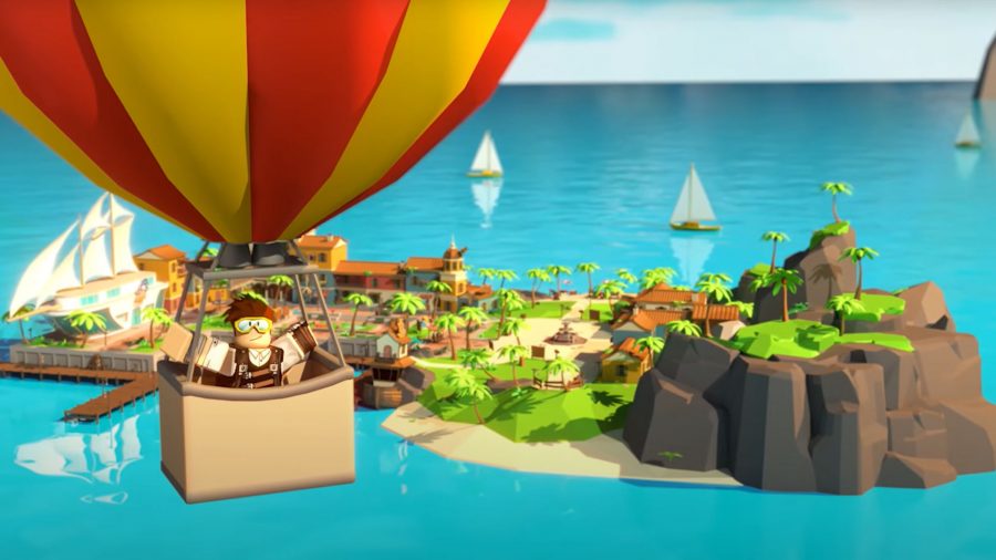 Fishing Frontier character in a hot air balloon above the port