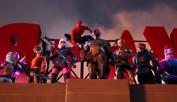 Spider-man appears alongside several other Fortnite characters on a rooftop