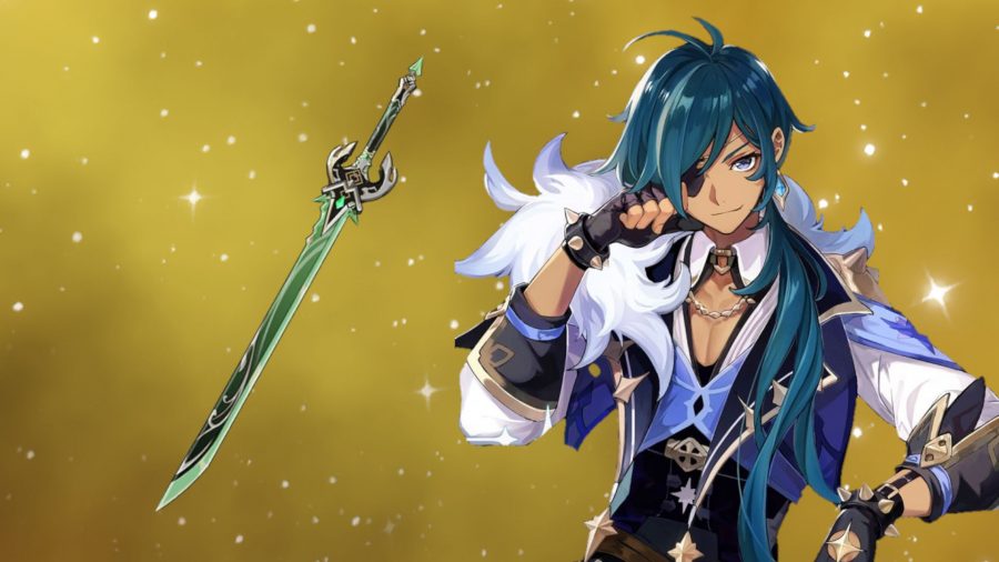 Kaeya standing next to a sword