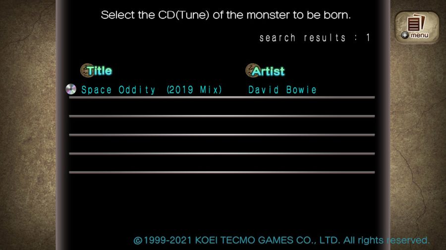 Monster Rancher CD database showing David Bowie's Space Oddity