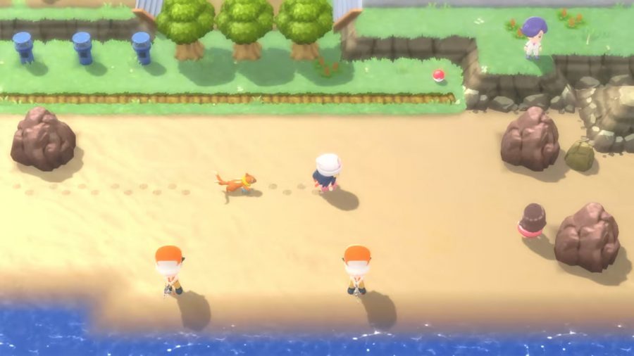 Pokémon in BDSP following a player along the beach