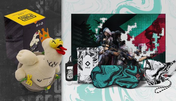A PUBG prize pack with a chicken plush and a puzzle