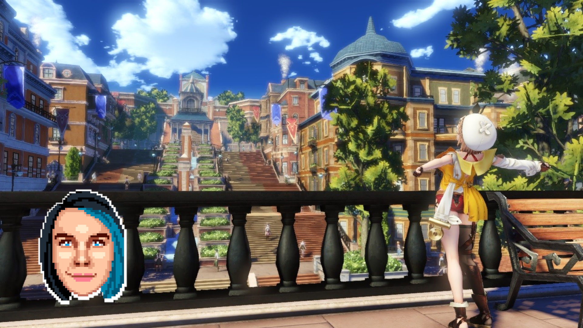 Ruby's pick for GOTY, Atelier Ryza 2 showing a character stretching her arms out before a busy city scene