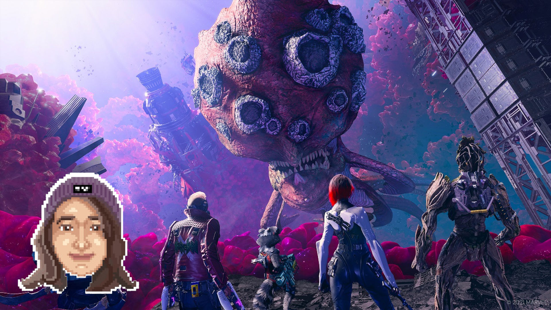 Kayleigh's pick for GOTY, Guardian's of the Galaxy, showing the Guardians in an alien land